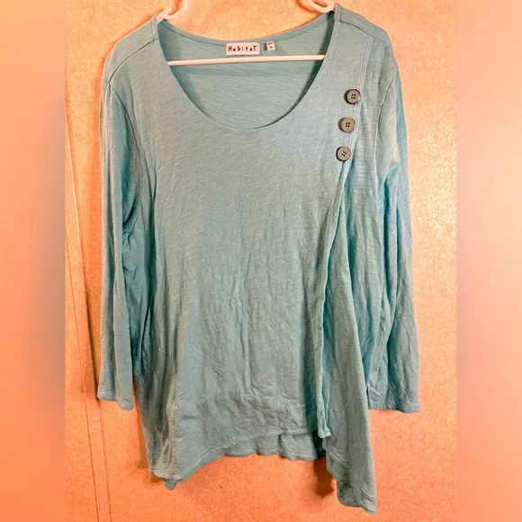 Habitat Blue Woman’s XL Cotton Long Sleeve Tunic Top Buttons Boho Scoopneck - Picture 1 of 8